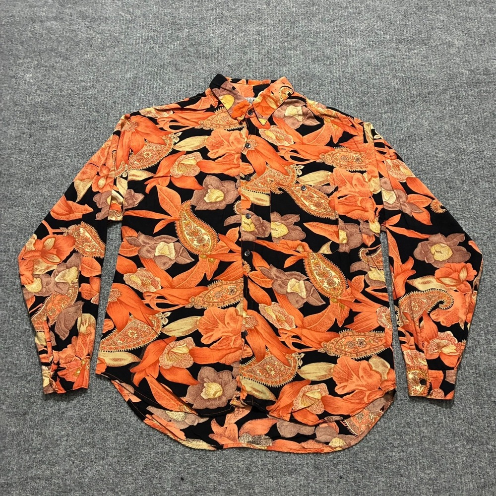 Ultraman Mens Button Up Shirt Size Medium Orange Paisley Floral‎ Long Sleeve